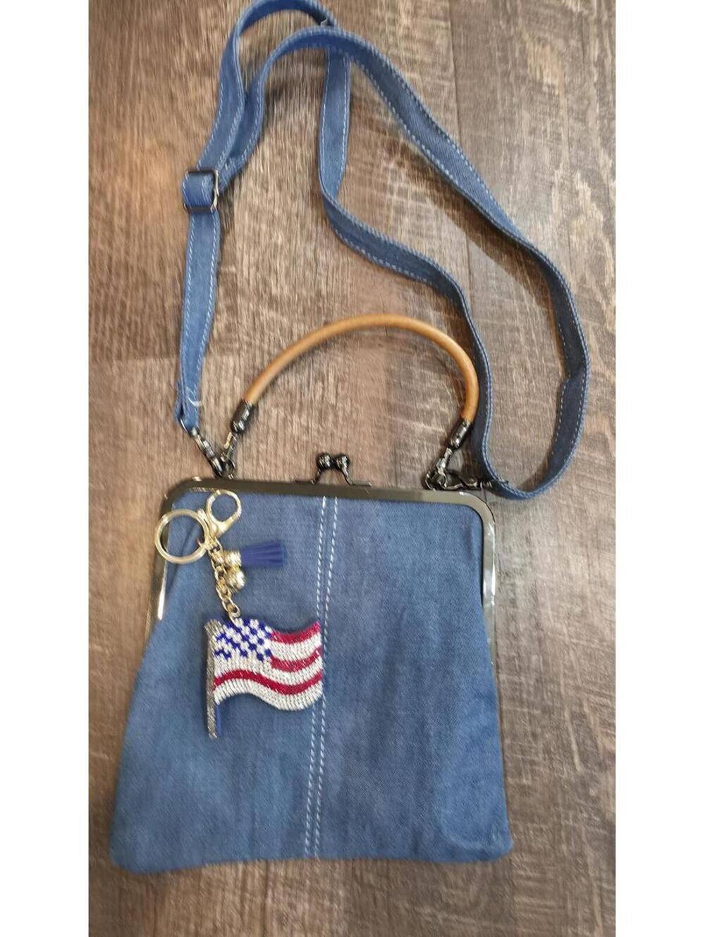 Blue Crossbody Bag with Rhinestone Flag Charm